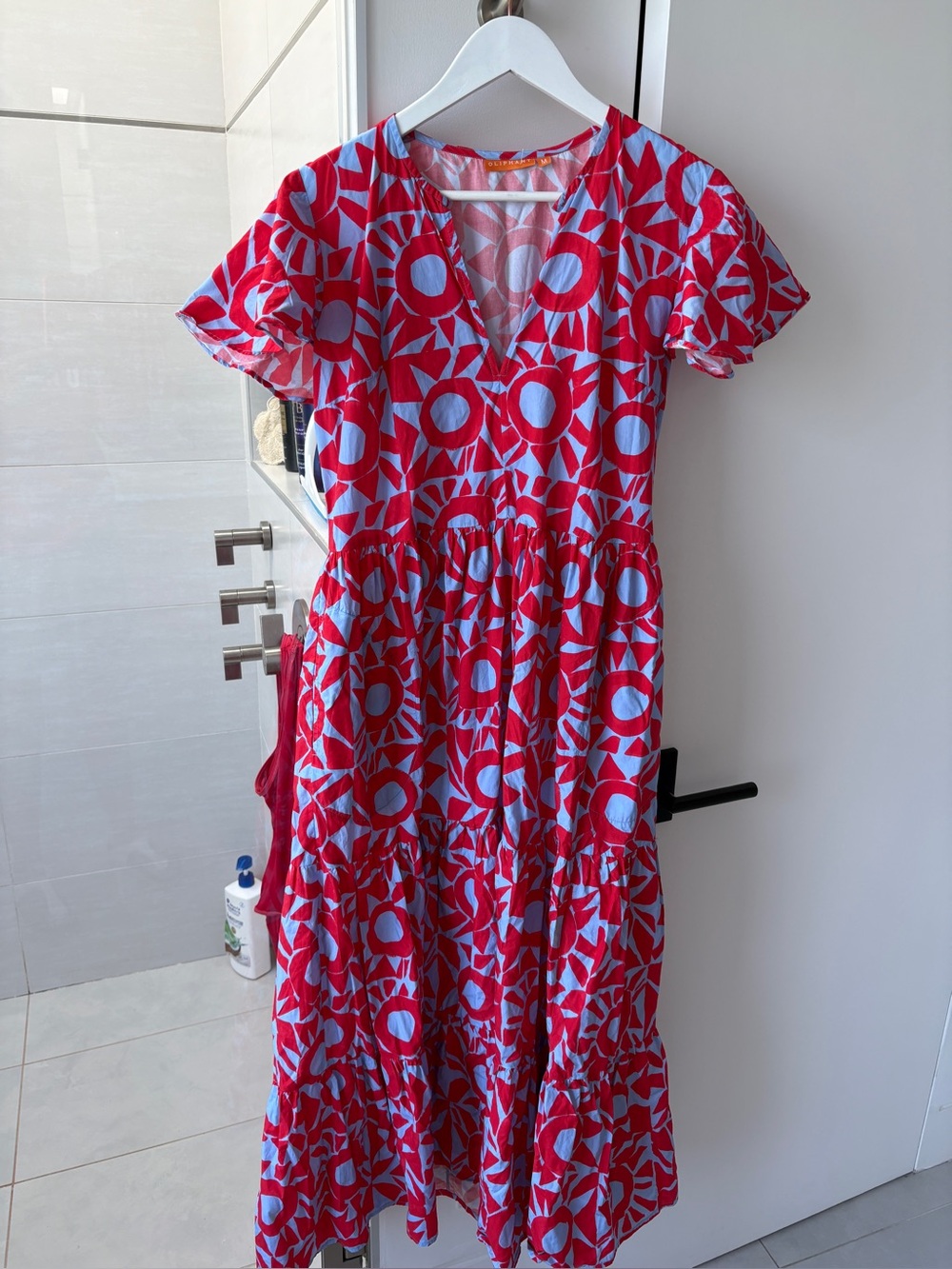 Oliphant Red and Light Blue Geometric V-Neck Tiered Maxi Dress